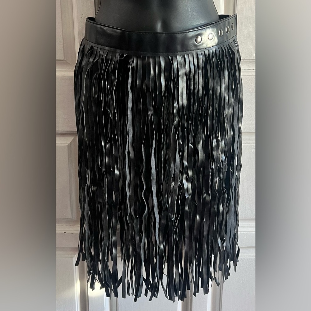 Black Faux-Leather Fringe Skirt - Edgy Evening Wear Adjustable Waist